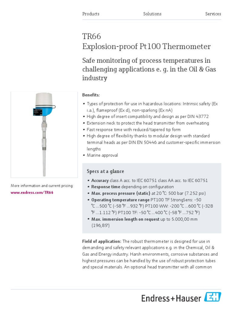 Endress-Hauser RTD Thermometer TR66 EN | PDF | Chemistry | Manufactured ...