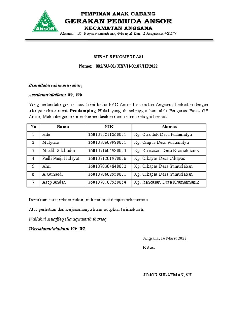 Rekomendasi Rekruetment Pendamping Halal Pac Ansor Angsana | PDF