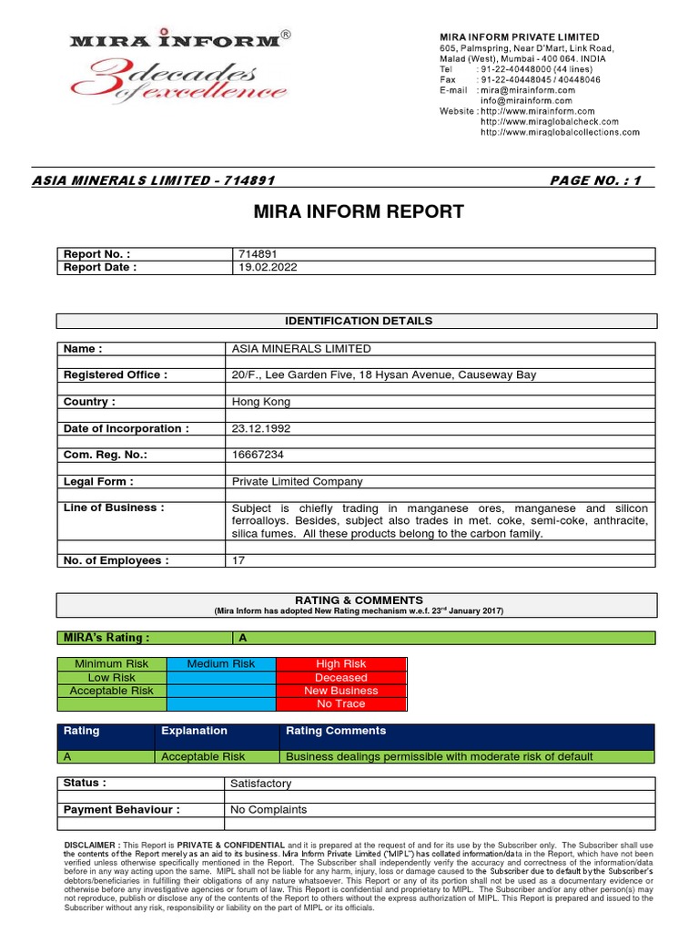 Asia Minerals Limited 714891 PDF Renminbi Hong Kong