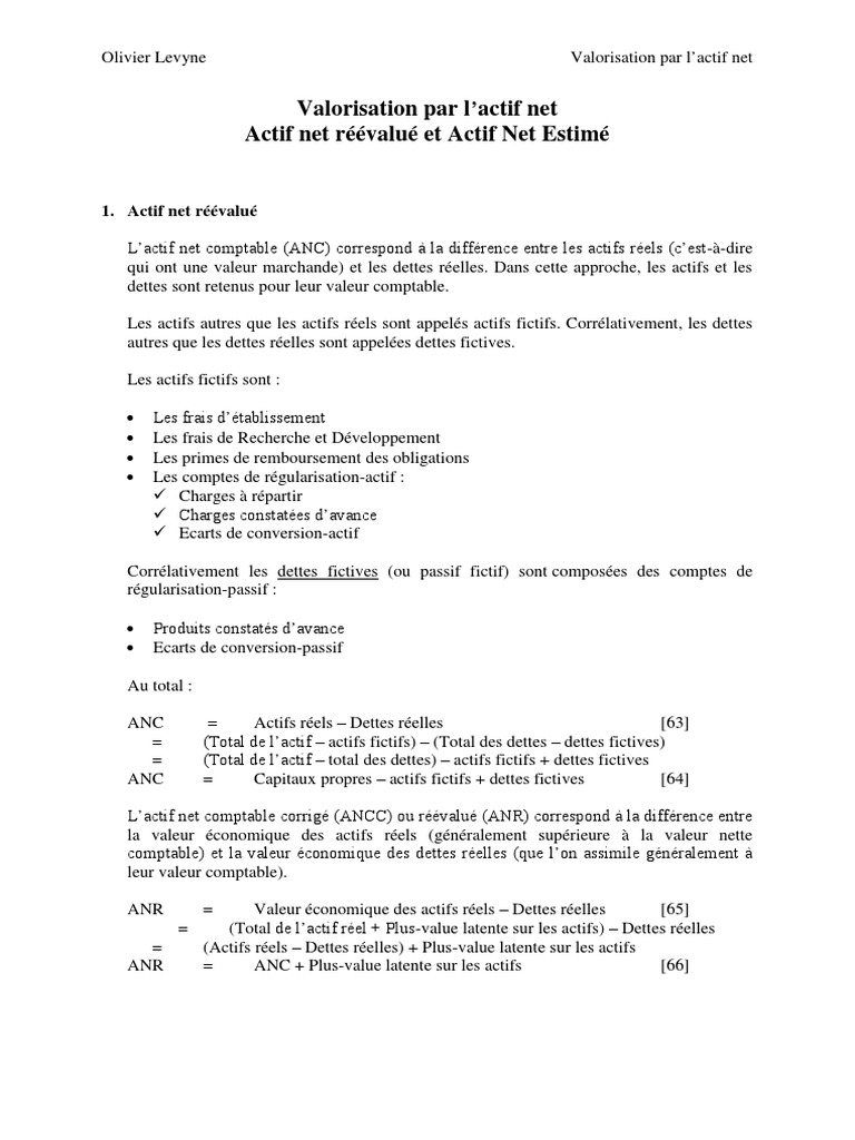 Actif Net Réévalué et Estimé : Méthodes | PDF | Capitaux propres | Plus ...