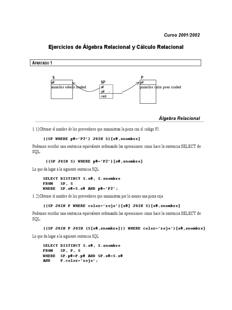 Ejercicios de Álgebra Relacional y Cálculo | PDF | SQL | Modelado ...