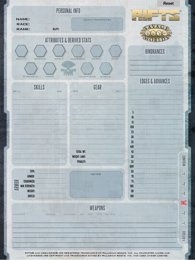 Savage Rifts - Character Sheet (Fillable) | PDF | Role Playing Games ...