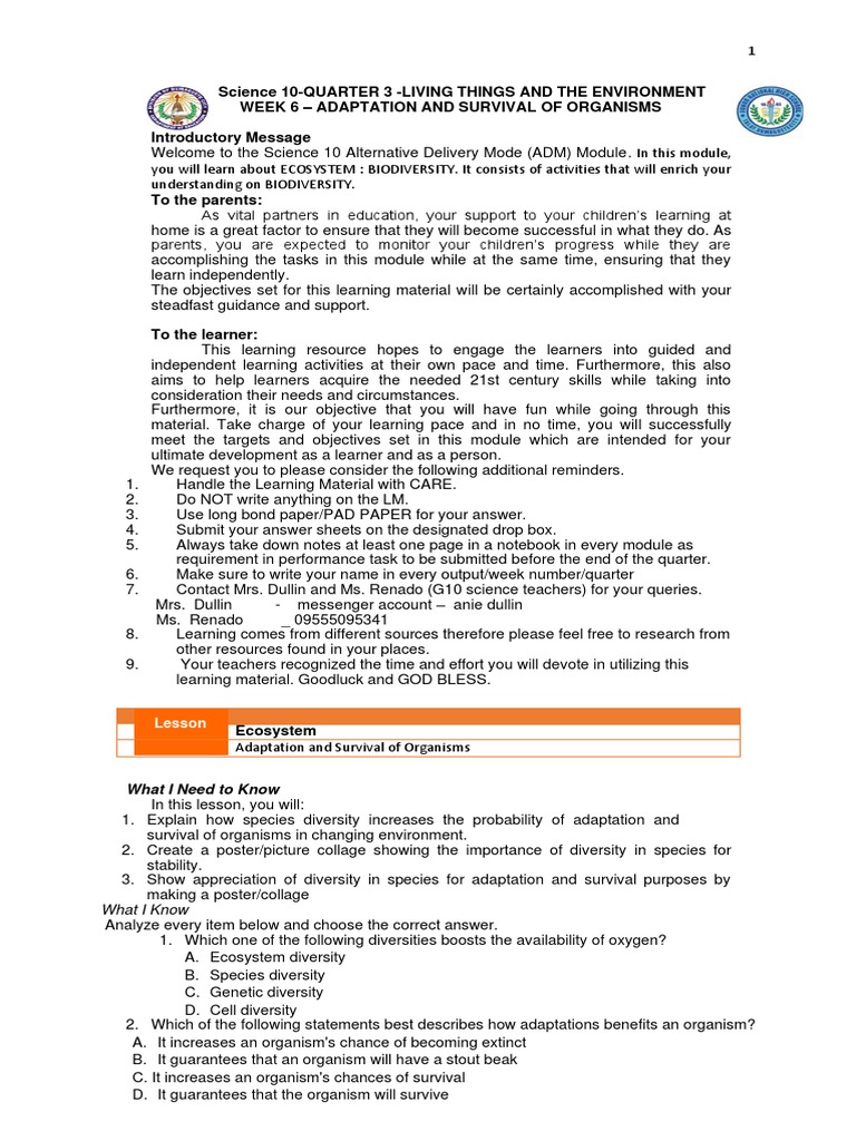 Science 10 QUARTER 3 WEEK 6 2021 2022 | PDF