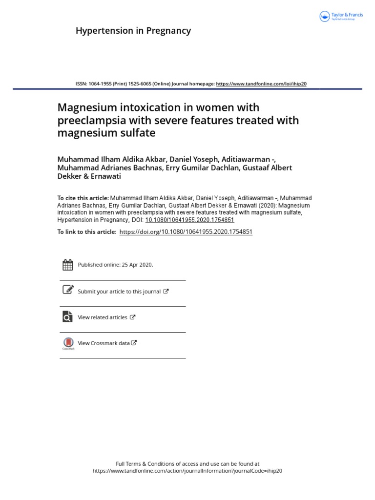Magnesium Intoxication in Women With Preeclampsia With Severe Features
