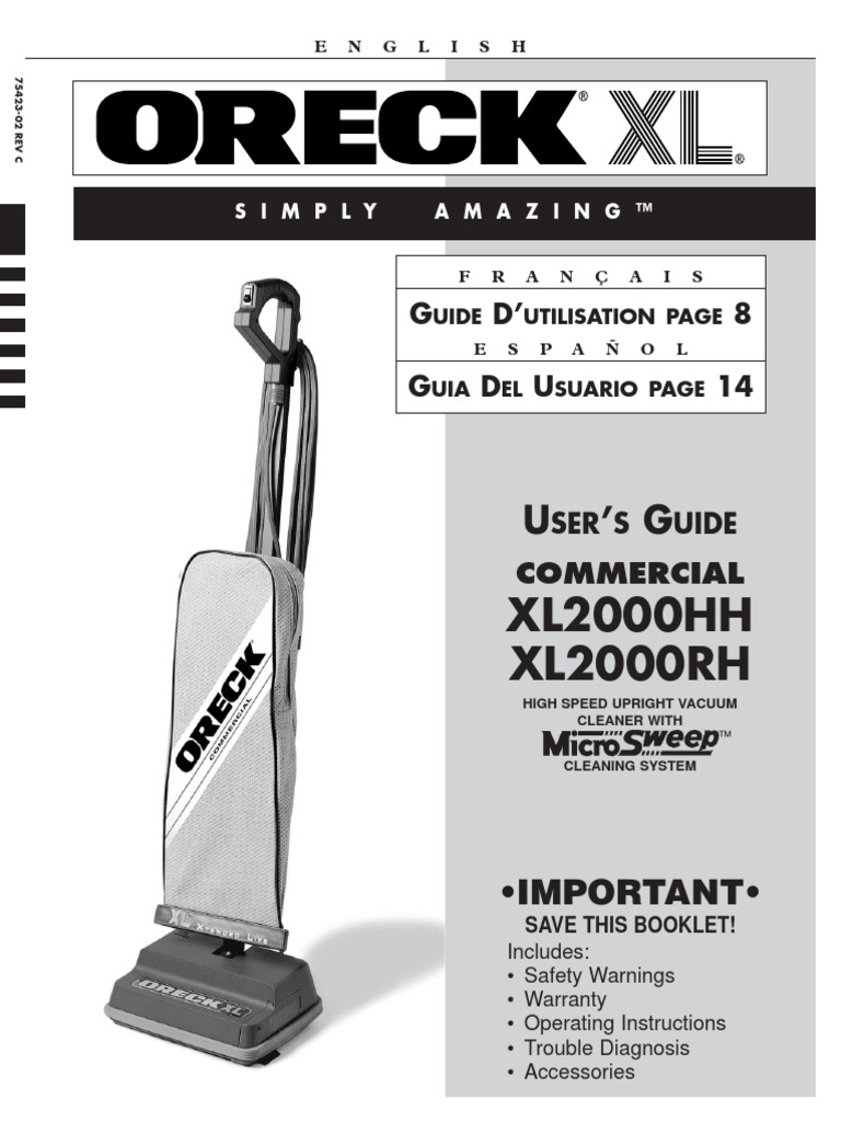 Oreck XL Vacuum User's Guide PDF Vacuum Cleaner Belt (Mechanical)