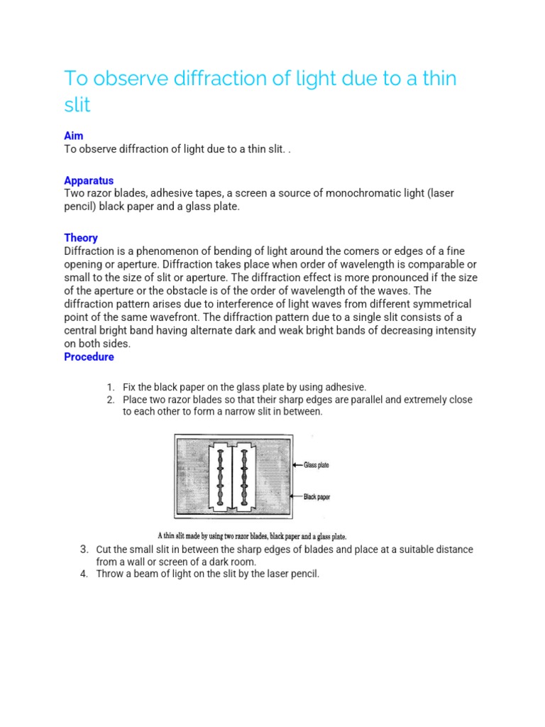 Diffraction of Light via Thin Slit Experiment | PDF | Science & Mathematics