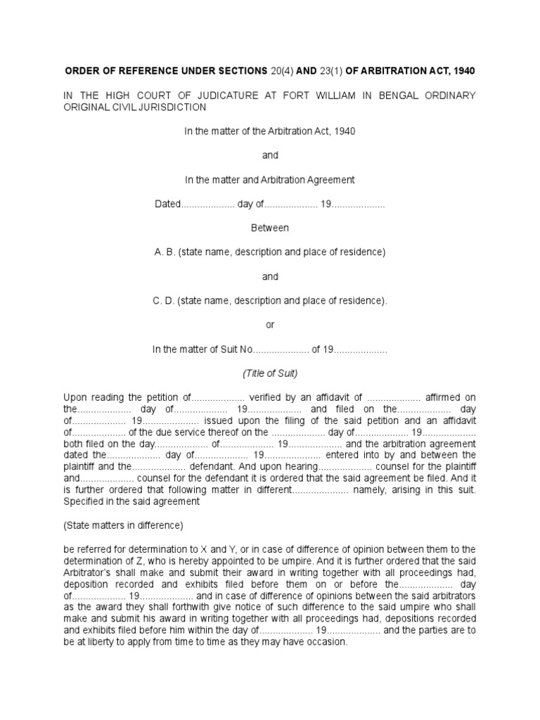 Order of Reference Under Sections 20 (4) and 23 (1) of Arbitration Act ...