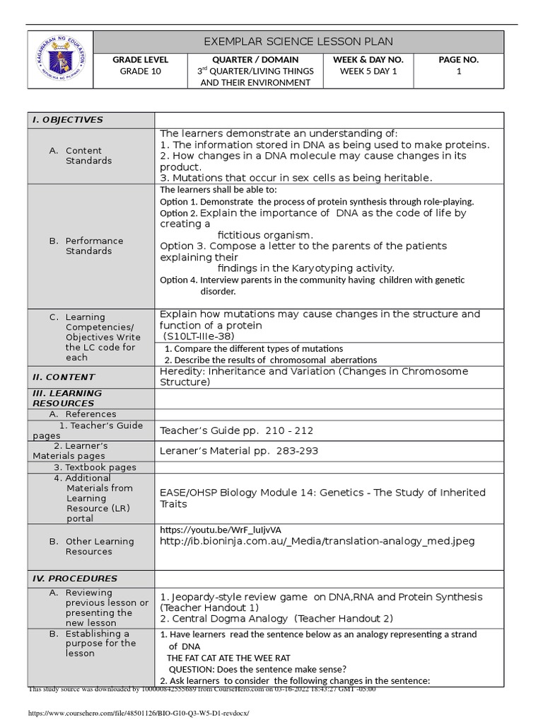 Exemplar Science Lesson Plan: Grade Level Quarter / Domain Week & Day ...