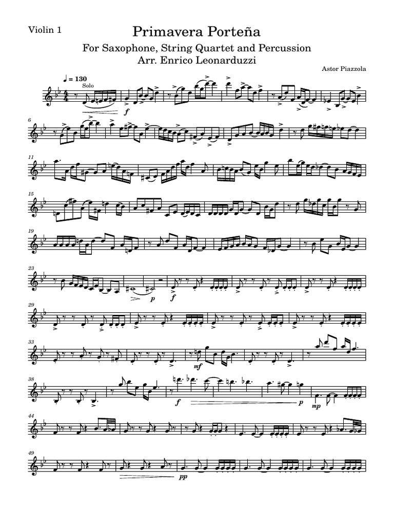 Primavera Porteña For Saxophone, String Quartet and Percussion Arr