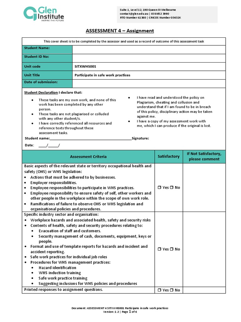 WHS Assessment: Safe Work Practices | PDF | Occupational Safety And ...