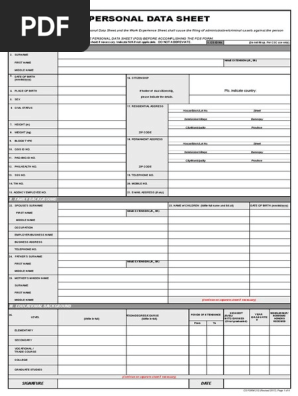 Personal Data Sheet Blank long format