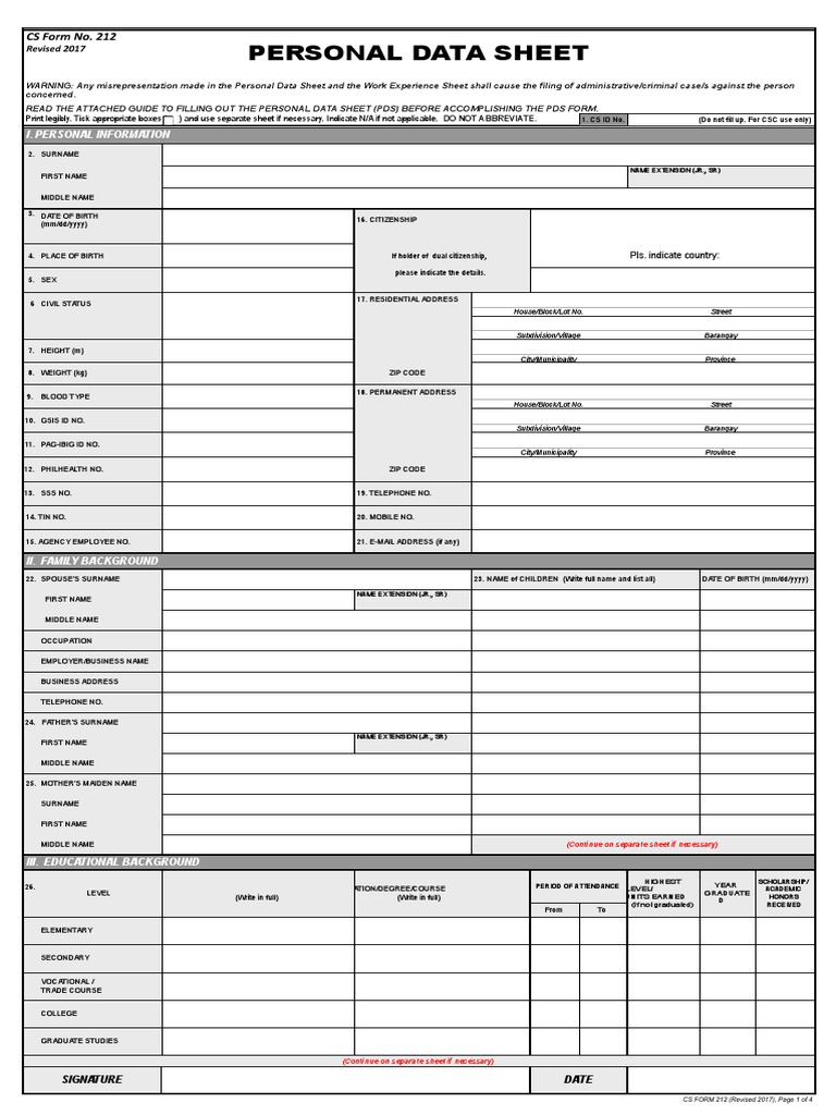 Personal Data Sheet Blank Long Format | PDF