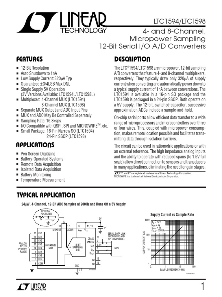 Features Descriptio LTC1594/LTC1598 4And 8Channel, Micropower