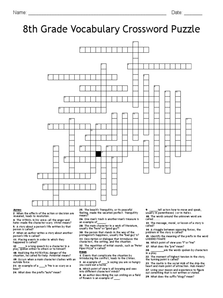 8th Grade Vocabulary Crossword Puzzle Name Date Pdf Linguistics