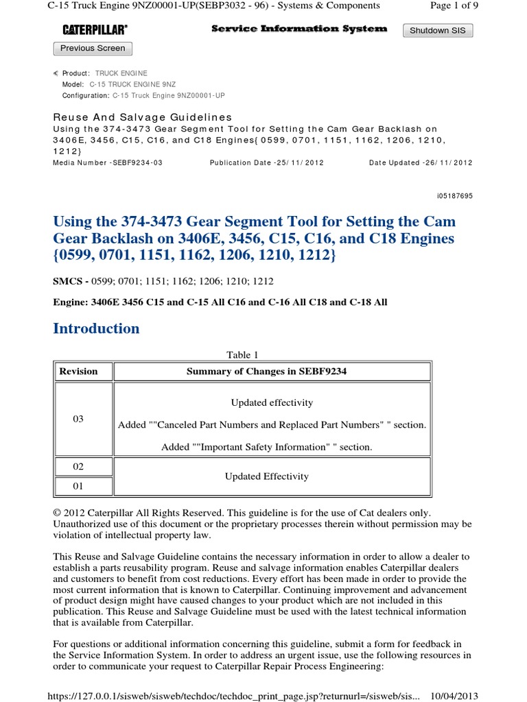 Using The 3743473 Gear Segment Tool For Setting The Cam Gear Backlash