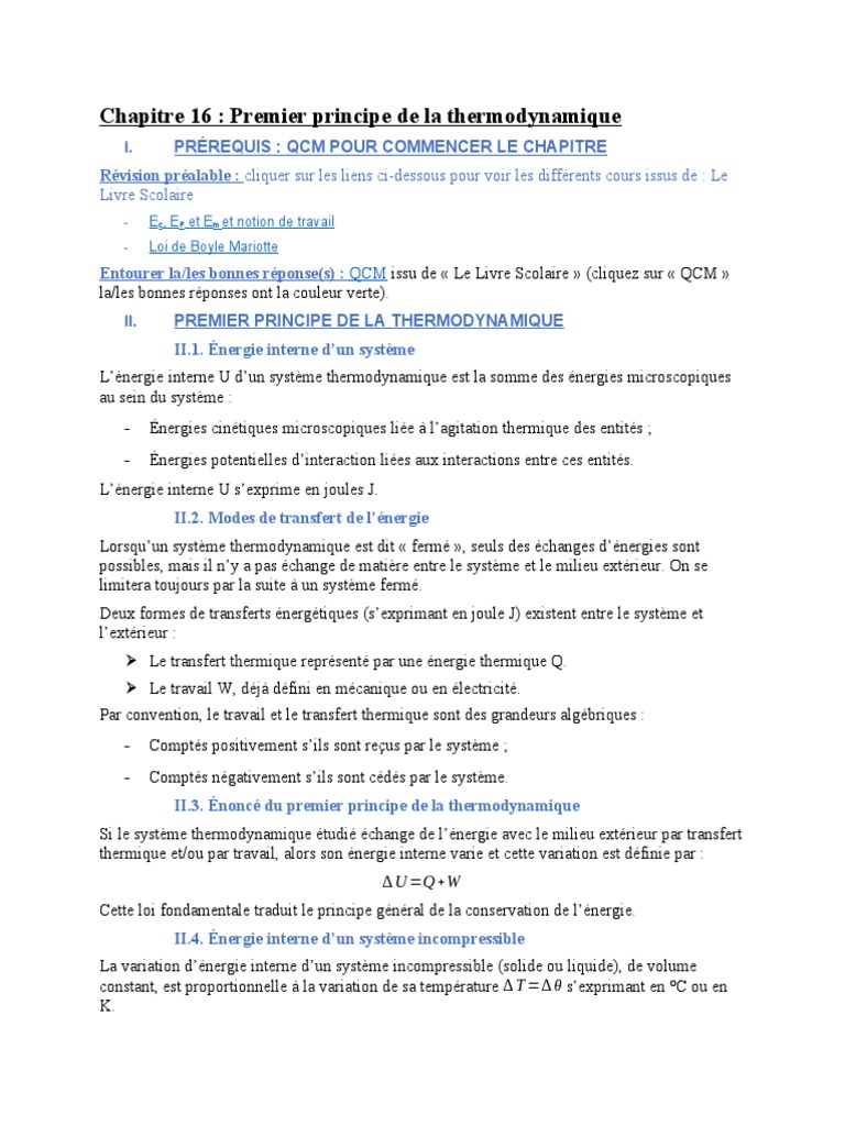 Premier principe de thermodynamique | PDF | Transfert thermique ...