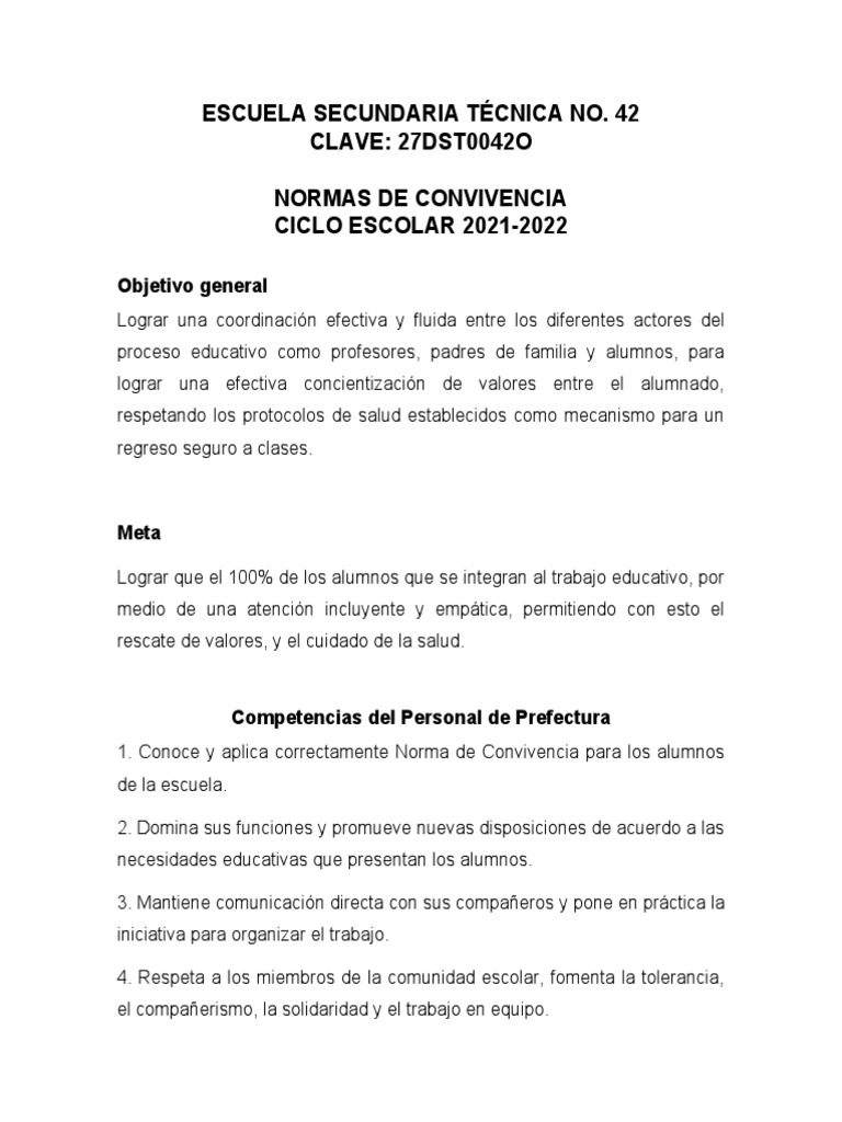 Normas de Convivencia Escolar 2021-2022 | PDF | Salón de clases ...