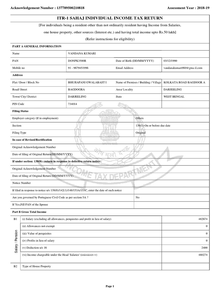 Itr1 Sahaj Individual Tax Return Acknowledgement Number