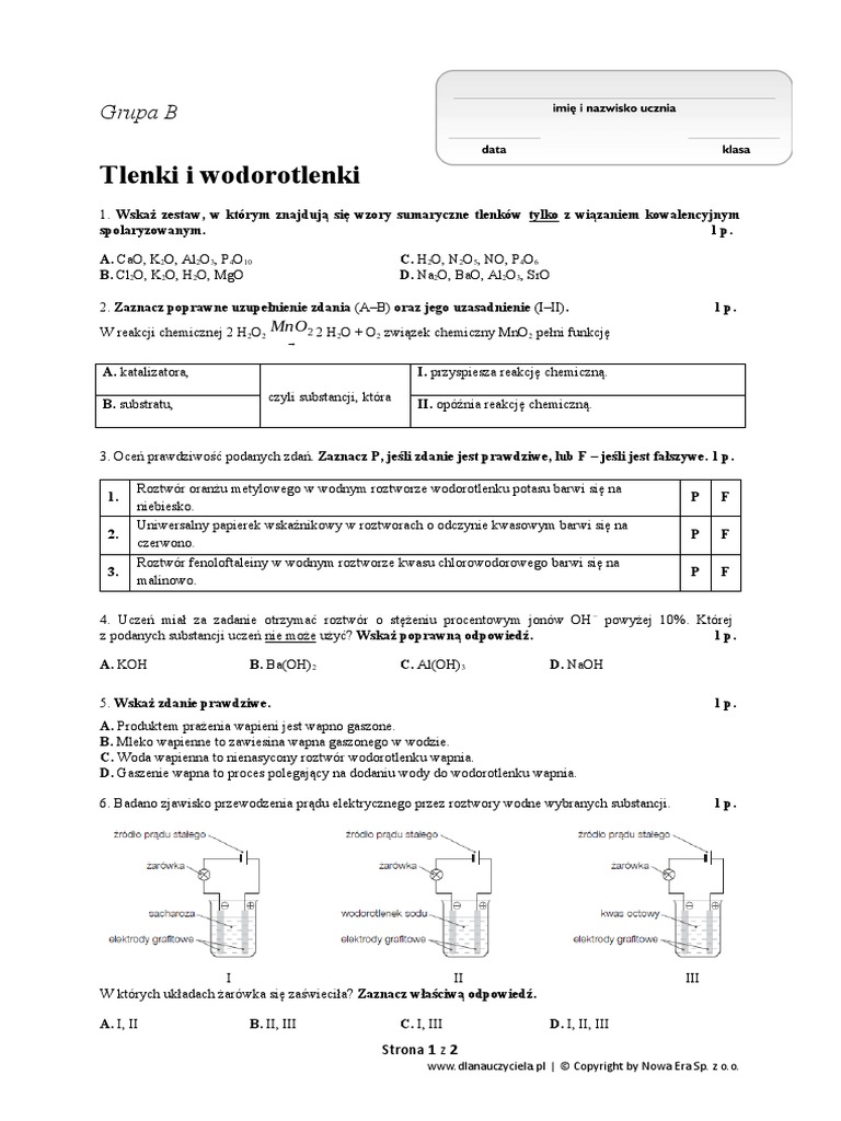 Reakcje Chemiczne W Roztworach Wodnych Sprawdzian Grupa B