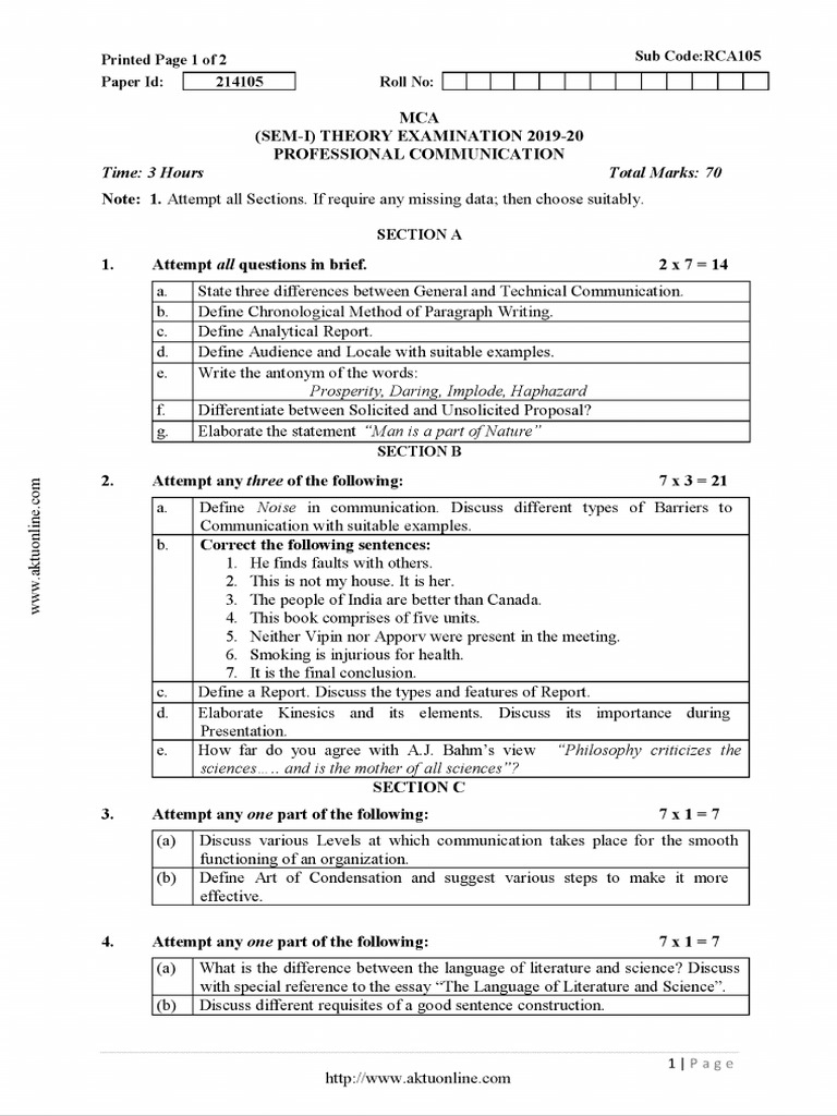 Mca 1 Sem Professional Communication Rca105 2020 | PDF