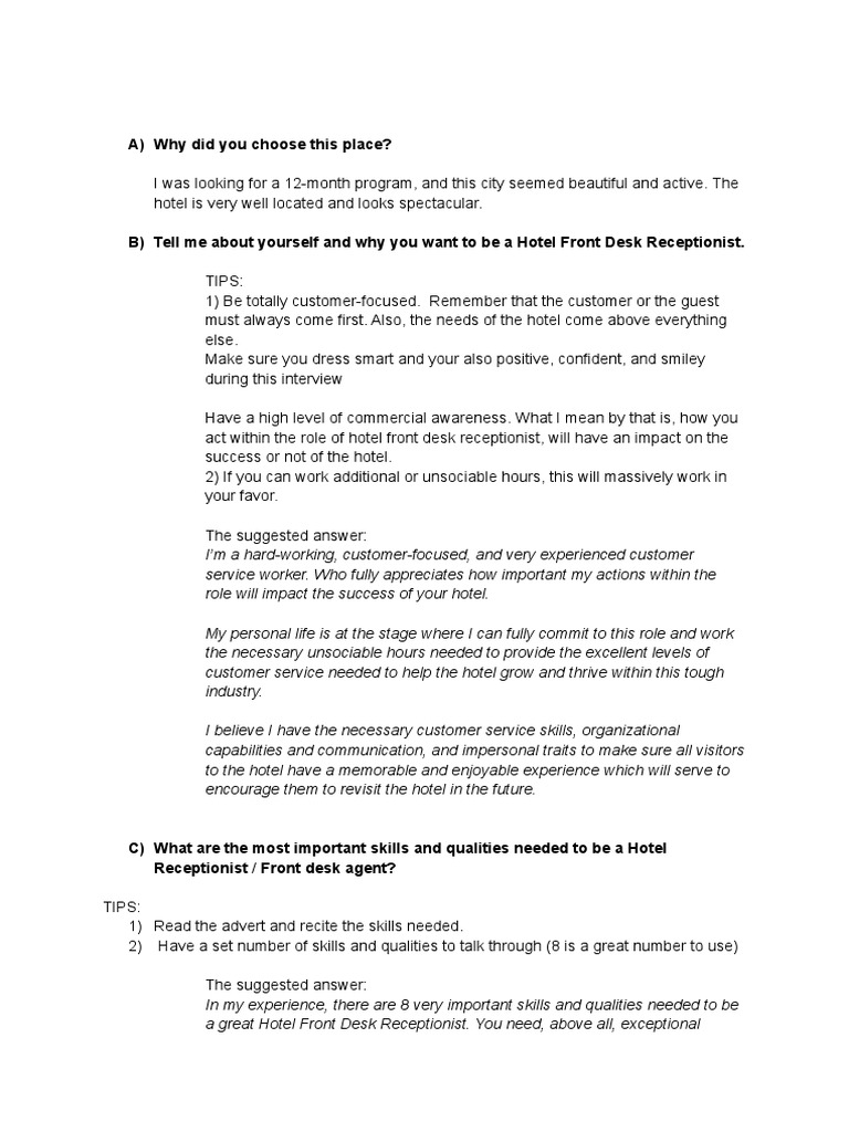 Front Desk Receptionist Interview Questions PDF Cognition