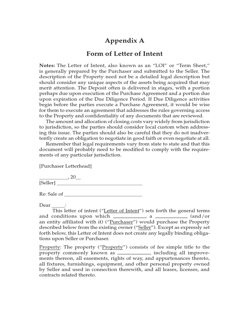 Appendix A Form of Letter of Intent: Notes: The Letter of Intent, Also ...