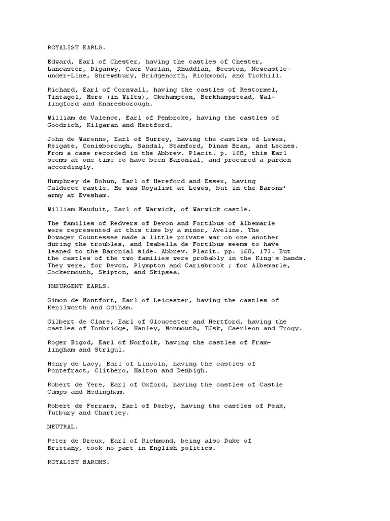 List of Barons For Barons War PDF English Families Nobility