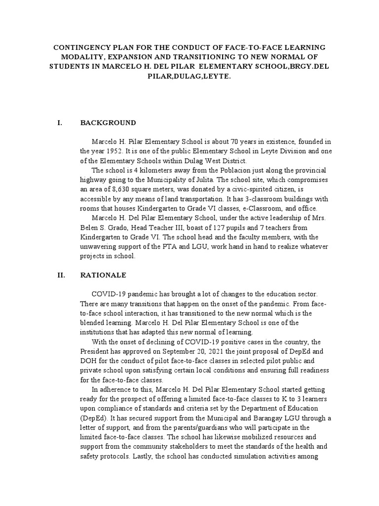 Contingency Plan For The Conduct of F2F | PDF | Schools | Learning