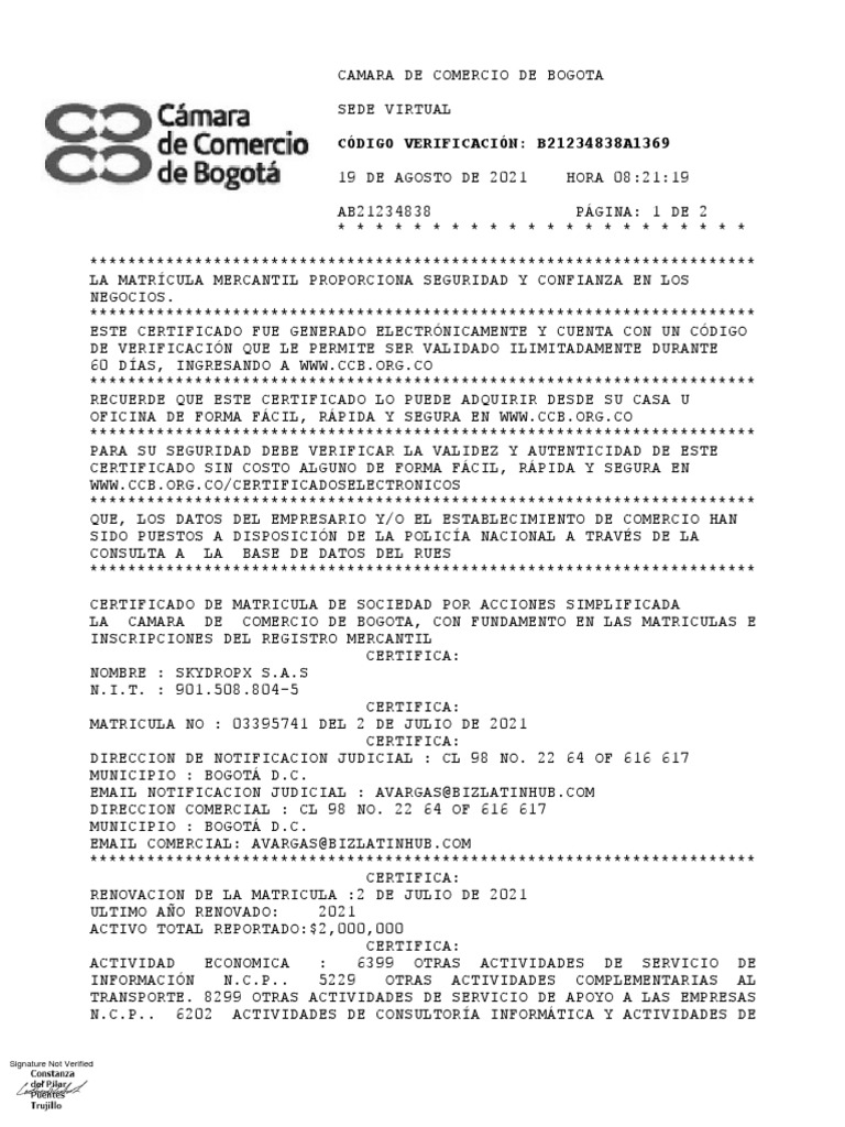 Certificado de Camara de Comercio | PDF
