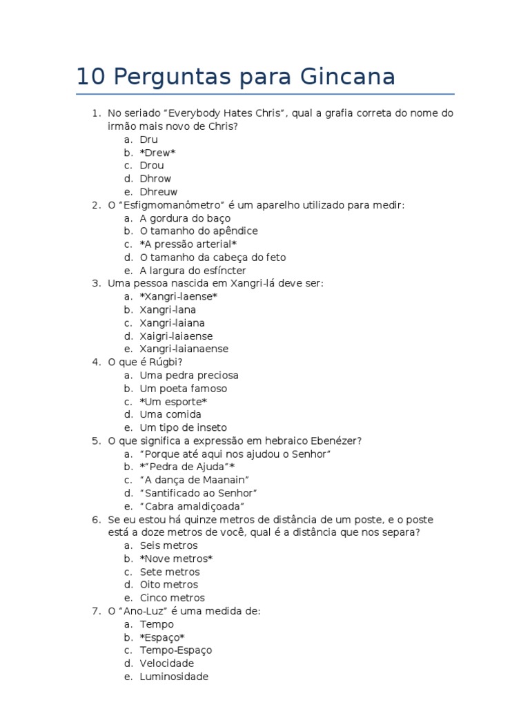 Perguntas para Gincana Escolar | PDF | Natureza