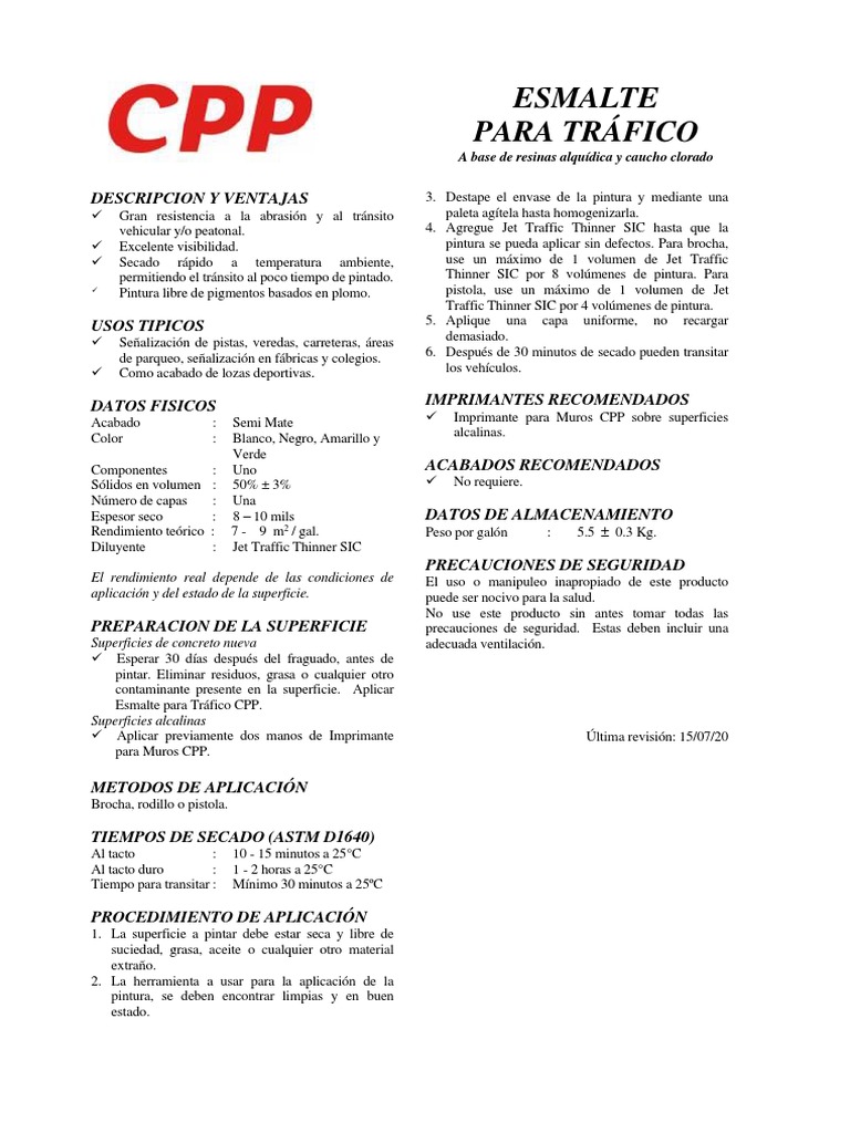 Pinturas CPP Transito Esmalte para Trafico Ficha Tecnica PDF