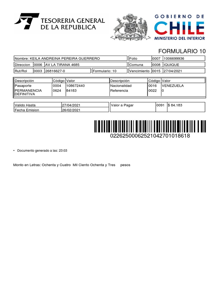 Formulario 10: Detalles de Pago y Datos Personales | PDF
