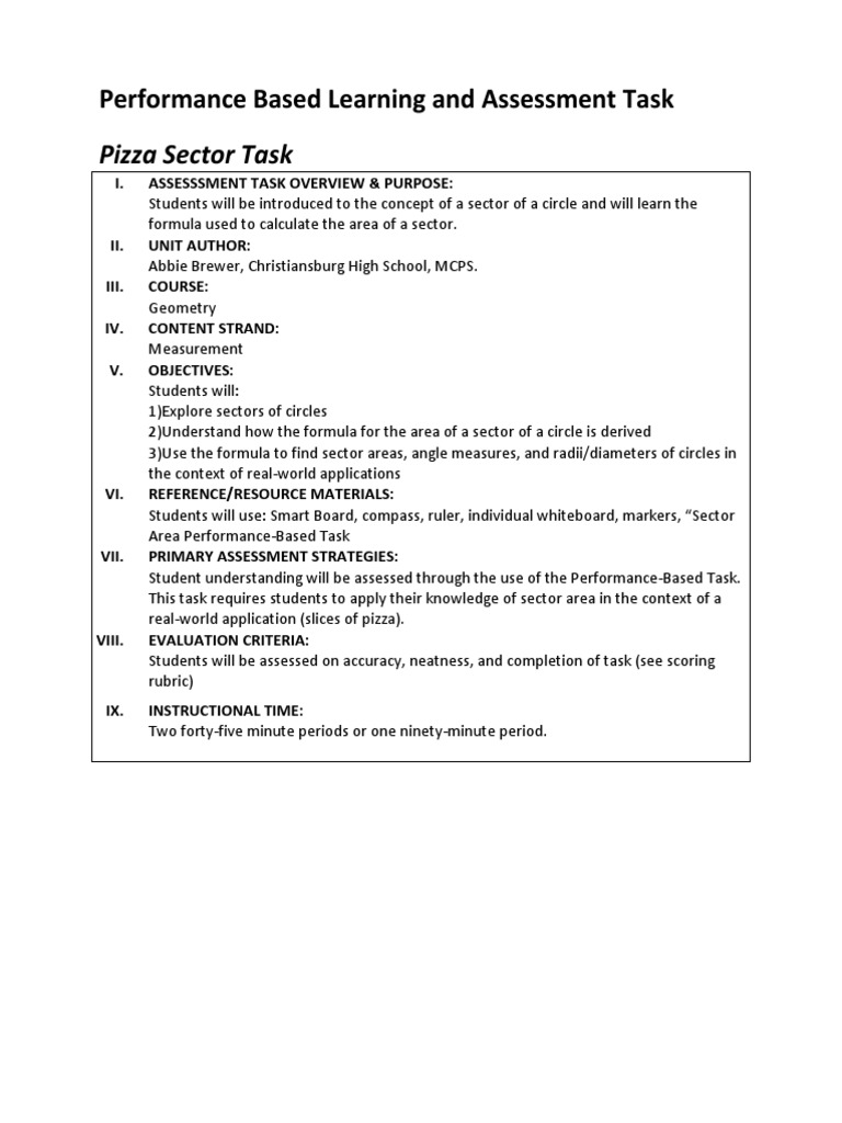 Brewer Pizza Sector Task PDF Area Circle