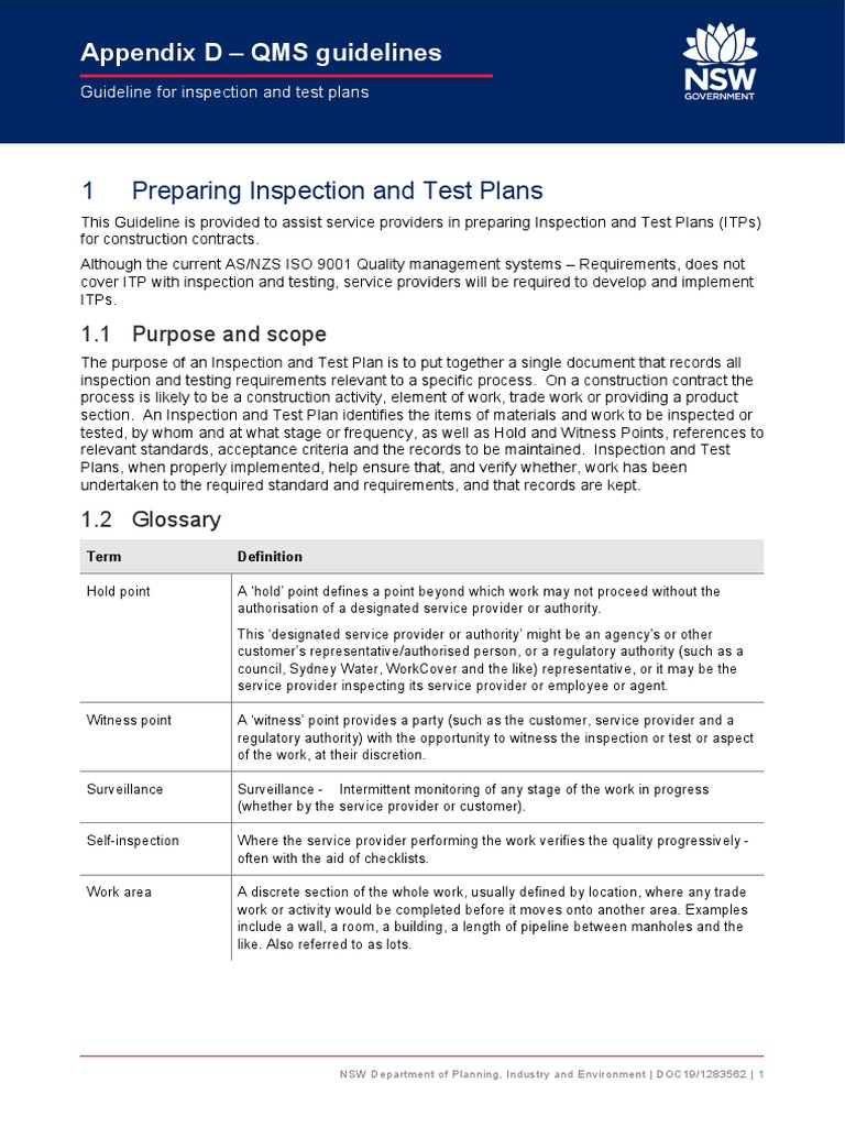 Qms Appendix D - Guideline For Inspection and Test Plans | PDF
