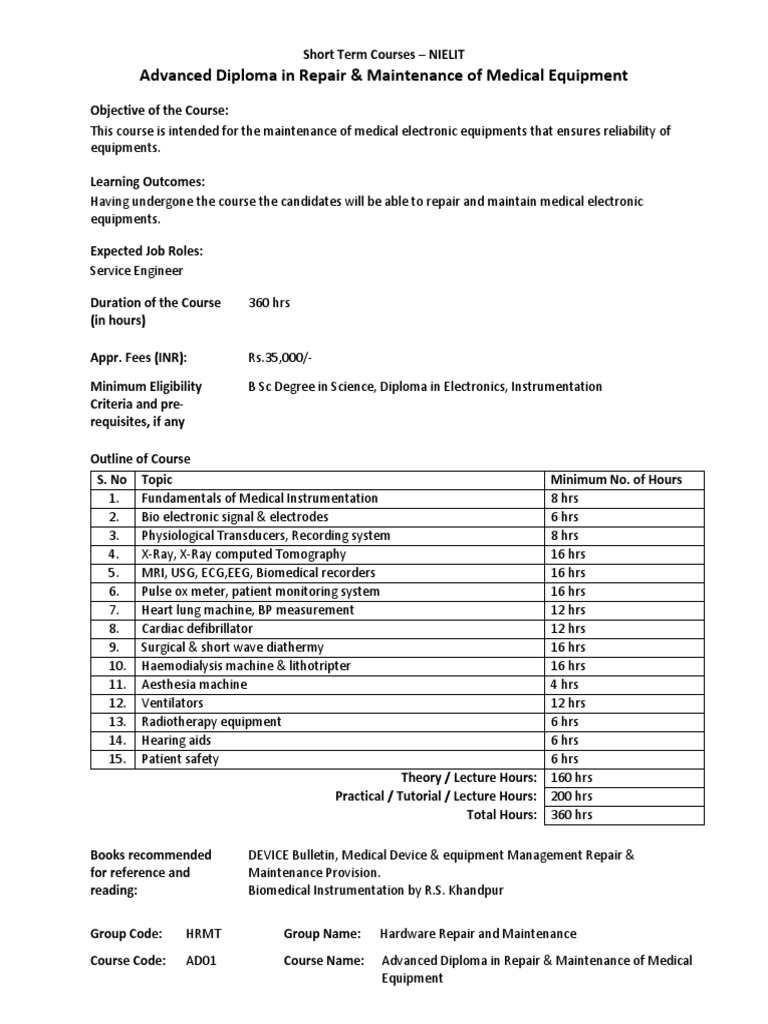 Advanced Diploma in Repair & Maintenance of Medical Equipment PDF Medical Device