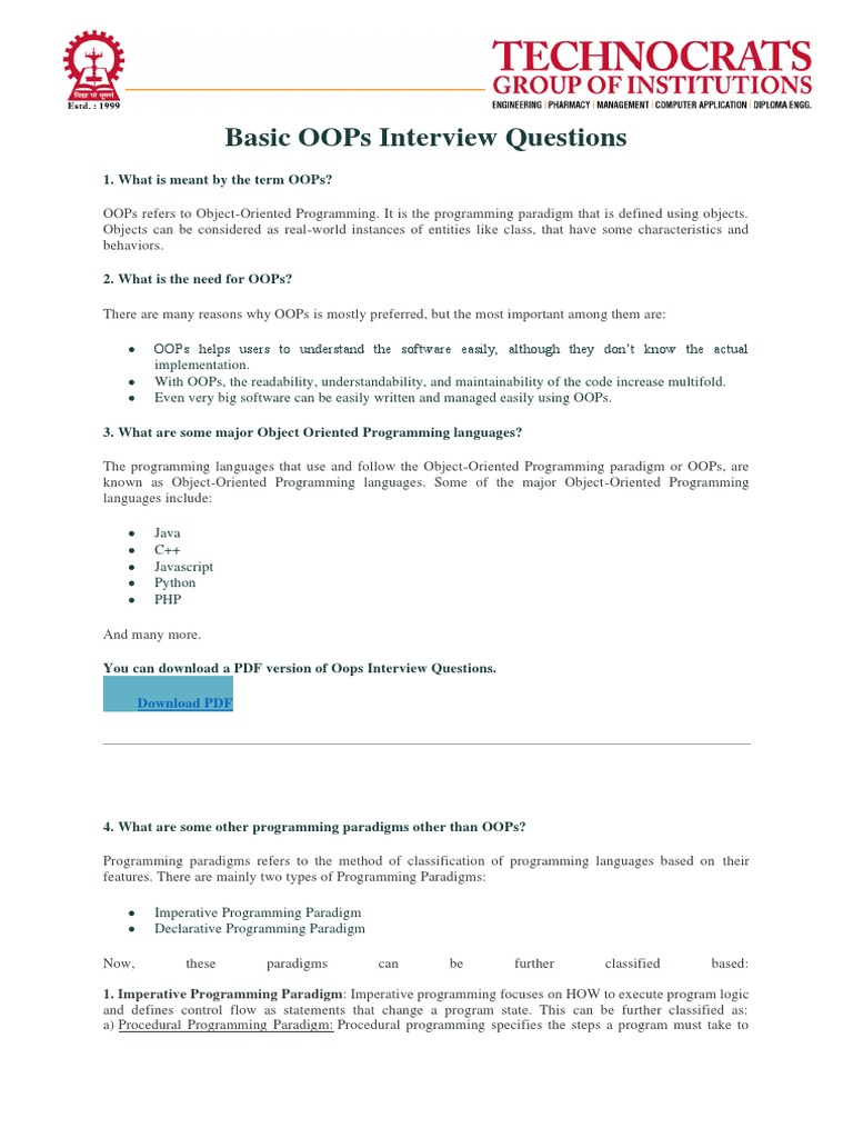 Basic OOPs Interview Questions | PDF | Inheritance (Object Oriented ...