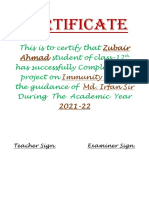 Class 12 student certificate for successfully completing biology project on immunity