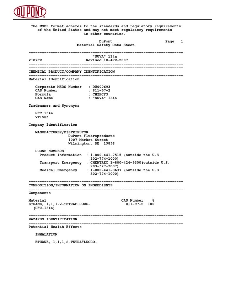 MSDS - 134a | PDF | Firefighting | Dangerous Goods