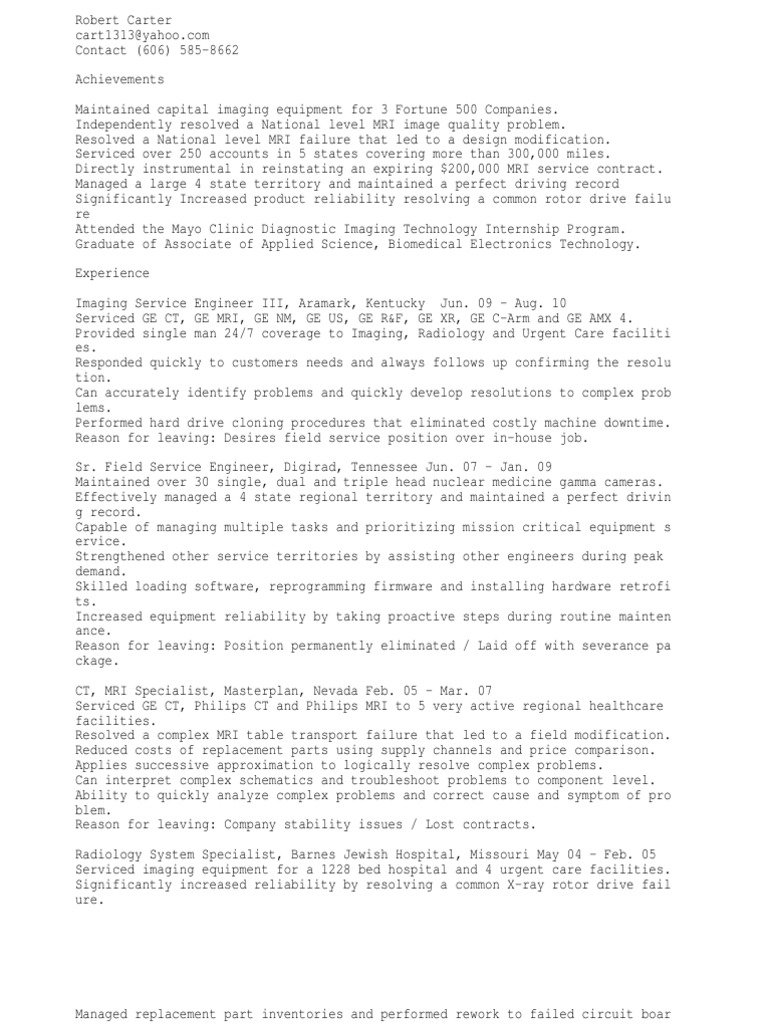 CT MRI Field Service Engineer PDF Medical Imaging