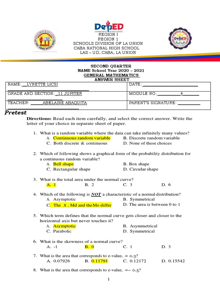 Answer Sheet Stat and Prob Mod4 LL | PDF
