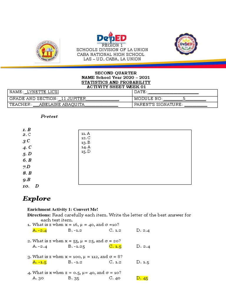 Answer Sheet Stat and Prob Mod5 | PDF | Normal Distribution | Errors