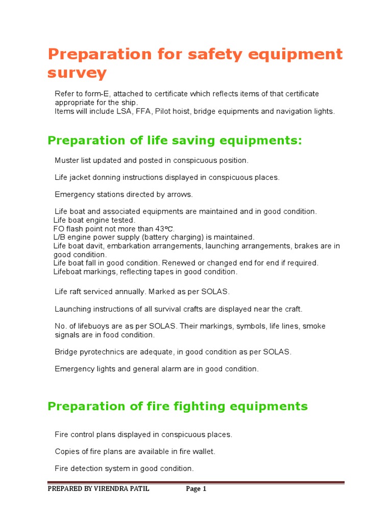 Preparation For Safety Equipment Survey PDF Manufactured Goods