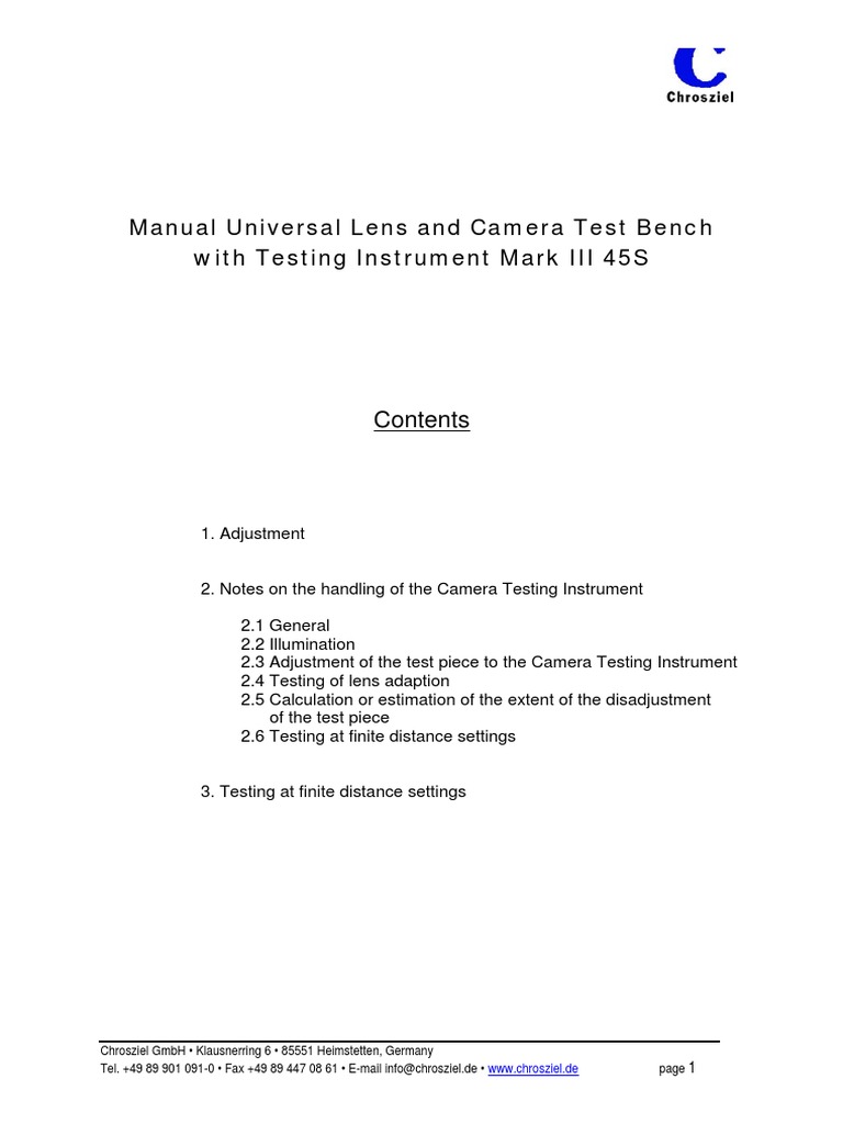 Manual Universal Lens and Camera Test Bench With Testing Instrument