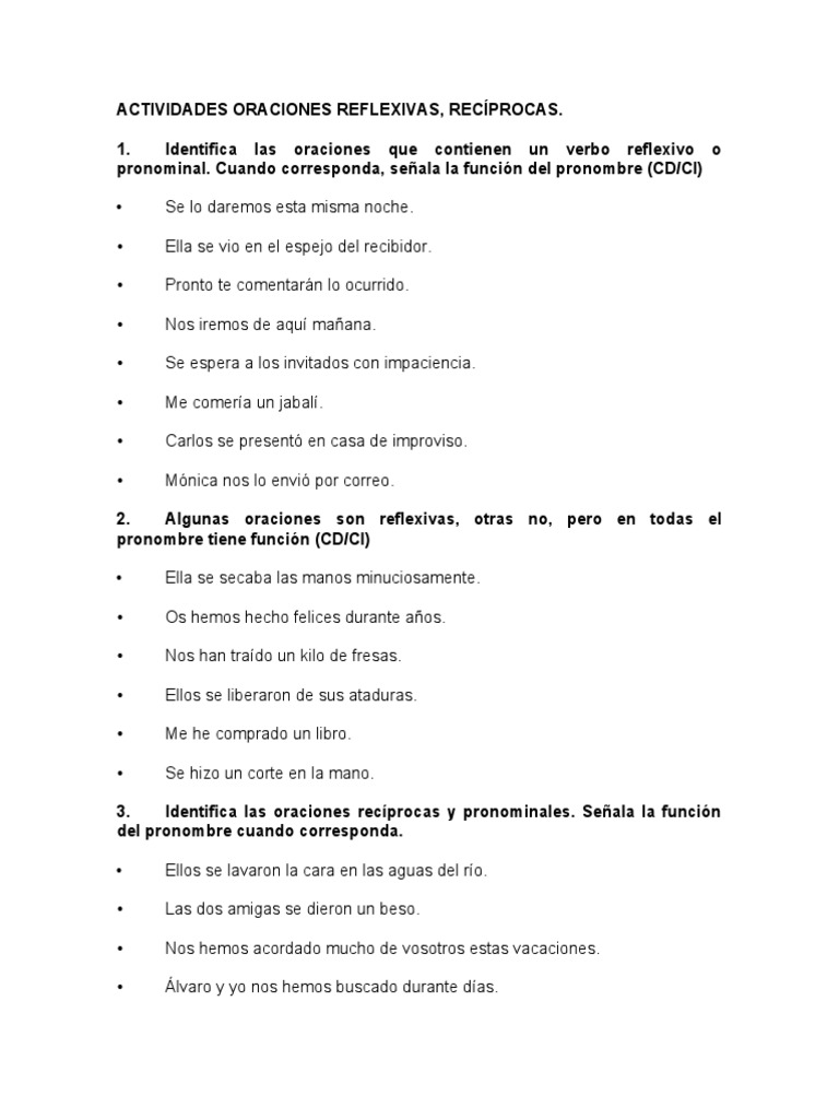 Actividades de Oraciones Reflexivas | PDF