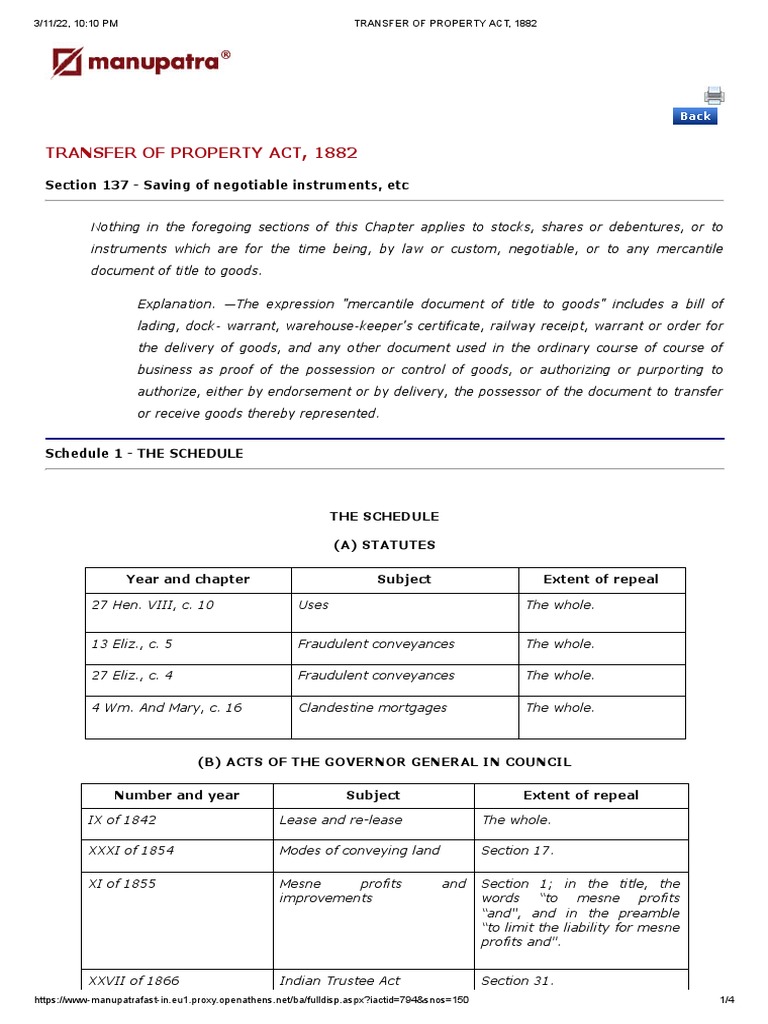TRANSFER OF PROPERTY ACT, 1882 Schedule | PDF | Lease | Property