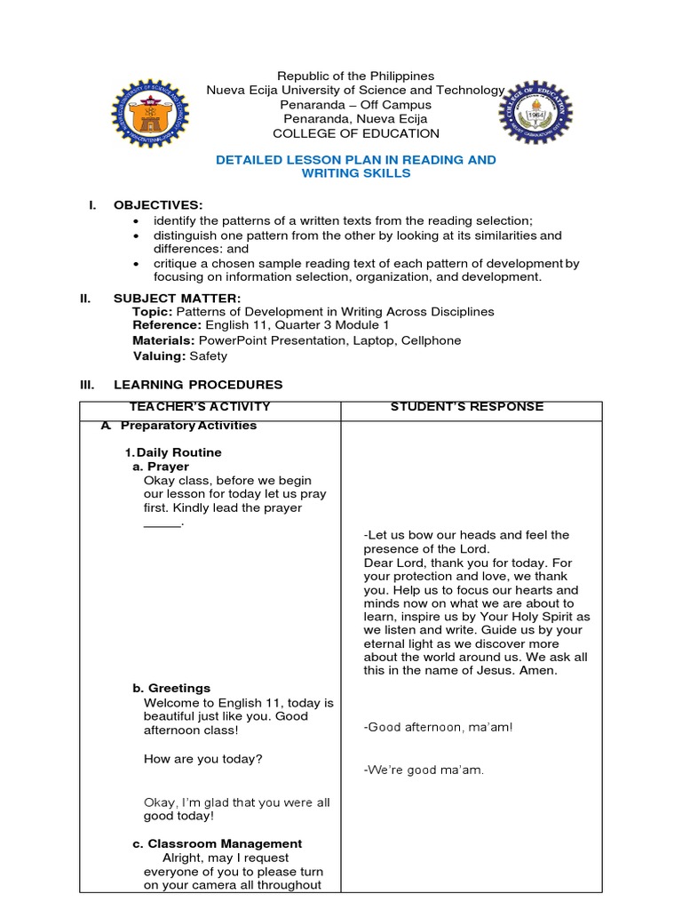 Detailed Lesson Plan in Reading and Writing Skills PDF Definition Narration