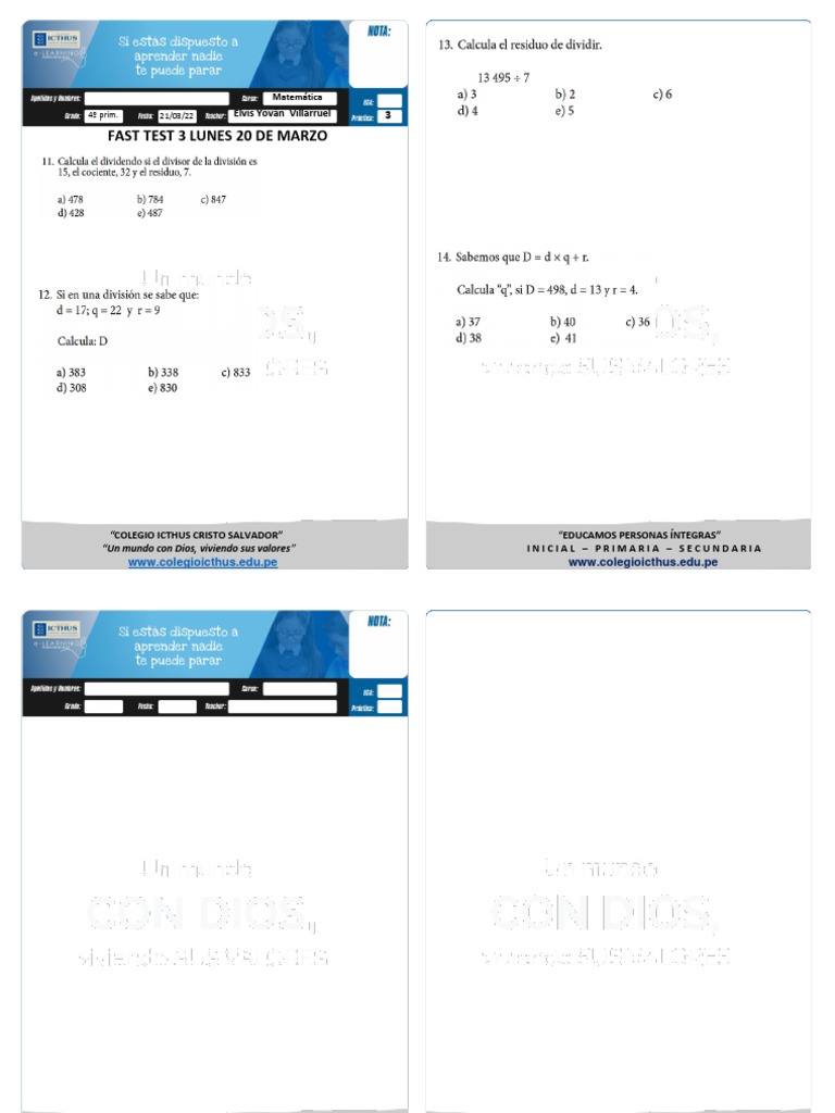 FAST TEST 3 LUNES 21 DE MARZO 4to Grado | PDF