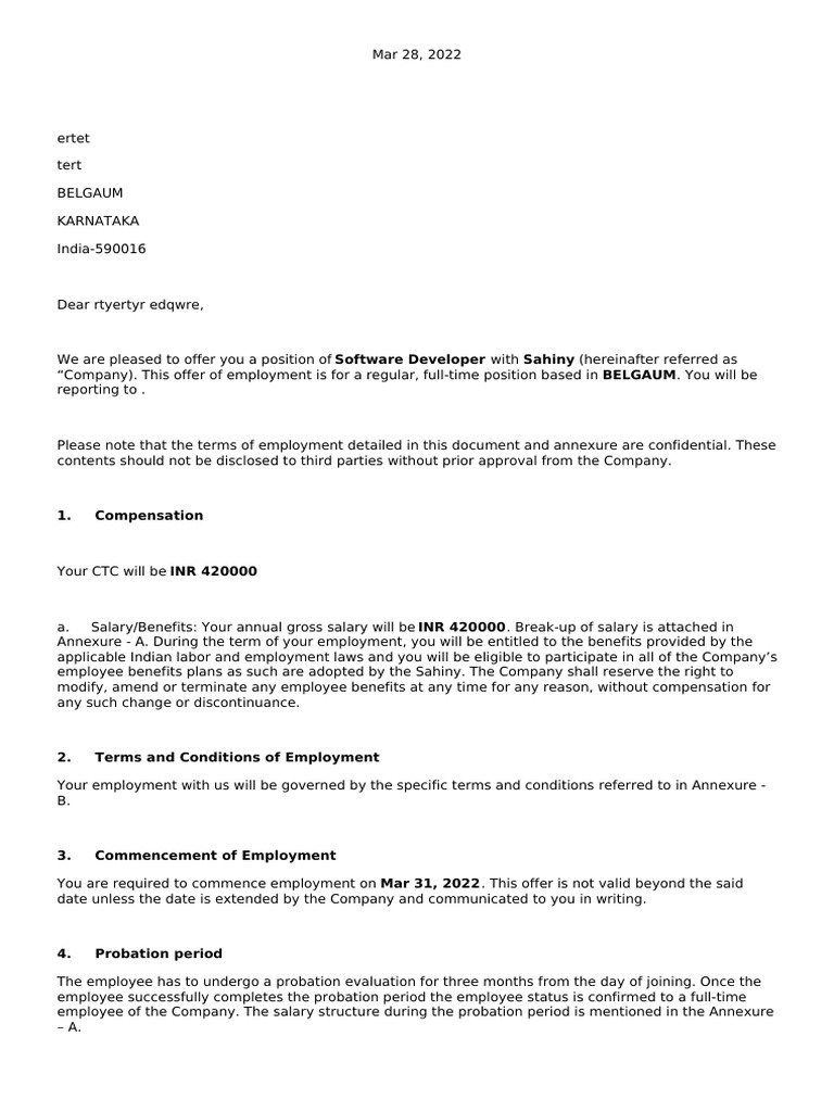 Software Developer Offer Letter Australia | PDF | Employment | Government