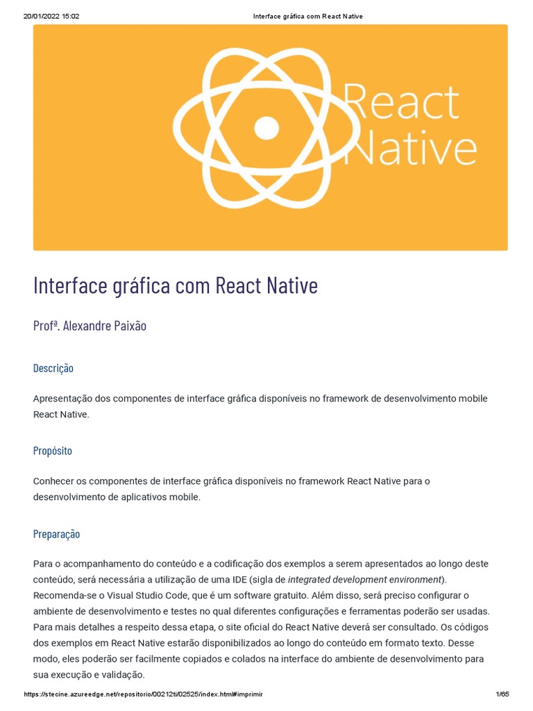 Componentes e Navegação em React Native | PDF | Aplicativo para celular ...