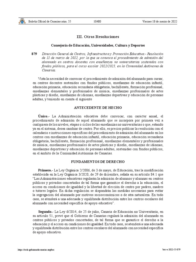 Admisión del alumnado en Canarias 2022/2023 | PDF | Desarrollo profesional | Educación primaria